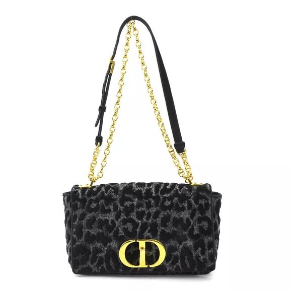 Auth Christian Dior Leopard Caro Shoulder Bag Gray/Black Velvet/Canvas - Picture 2 of 16
